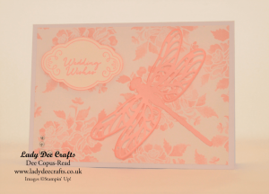 Stampin' Up!, Wedding card made with - Detailed Dragonfly thinlits dies, Fresh Florals DSP, Label Me Pretty stamp set, Pretty Label punch,  Stampin' Up! Powder Pink cardstock,