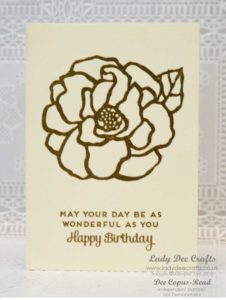 Gold heat embossed Birthday card using the beautiful flower in the Beautiful Day stamp set and very vanilla note cards by Stampin' Up! - Lady Dee Crafts.