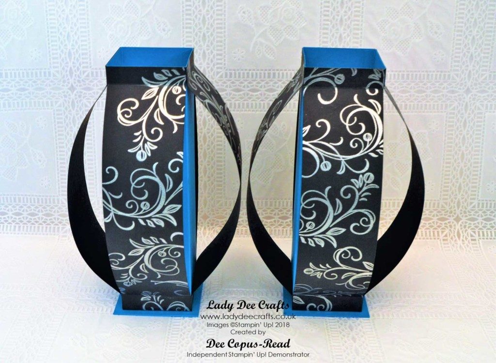 Oriental style Vases using stampin' up! products - Silver heat embossed swirl from the Falling Flowers stamp set, Pacific Point & Basic Black cardstock - by Lady Dee Crafts