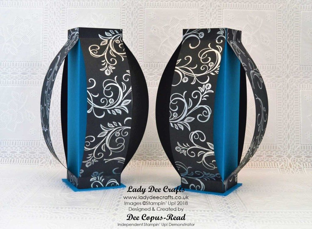 Oriental style Vases using stampin' up! products - Silver heat embossed swirl from the Falling Flowers stamp set, Pacific Point & Basic Black cardstock - by Lady Dee Crafts