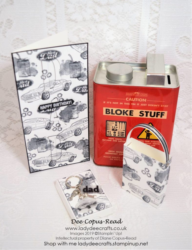 Eclipse Dad card, Key Ring, Gift Box and Gift Bag using Geared Up Garage & Lined Alphabet stamp set and Classic Garage metal embellishments from Stampin' Up! and Shrinkles - designed & created by Dee Copus-Read, Lady Dee Crafts