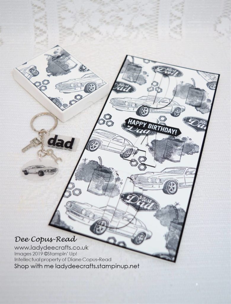 Masculine Key ring with Mustang, car key and spanner that's perfect for Father's Day or Birthday. Made with Shrinkles, Geared Up Garage & Lined Alphabet stamp sets and Classic Garage metal embellishments from Stampin' Up! - designed & created by Dee Copus-Read, Lady Dee Crafts