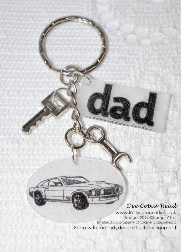Masculine Key ring with Mustang, car key and spanner that's perfect for Father's Day or Birthday. Made with Shrinkles, Geared Up Garage & Lined Alphabet stamp sets and Classic Garage metal embellishments from Stampin' Up! - designed & created by Dee Copus-Read, Lady Dee Crafts