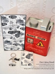 DAD Eclipse card and Key Ring perfect for Father's Day or Birthday. Geared Up Garage and Lined Alphabet stamp sets from Stampin' Up! and Shrinkles - designed & created by Dee Copus-Read, Lady Dee Crafts