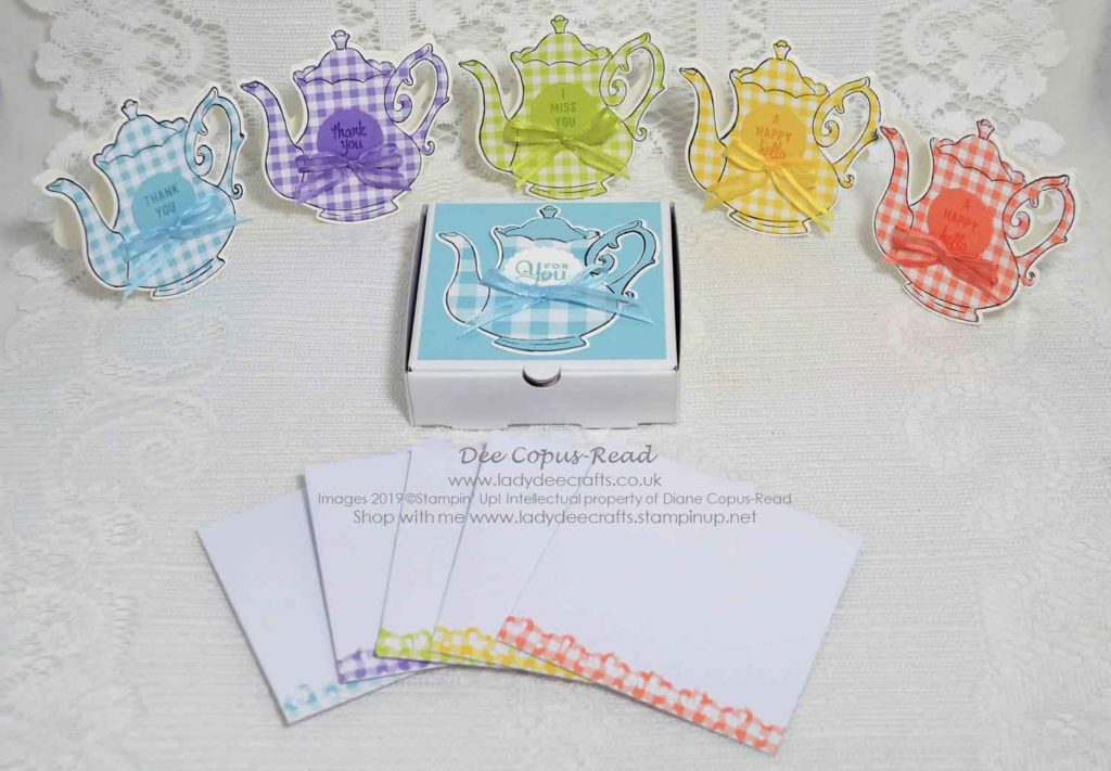 Fun box set of Tea/Coffee Pot shaped cards using the Tea Together stamp set , Tea Time Framelits Dies and Pizza Boxes from Stampin' Up! - Original design and created by Dee Copus-Read of Lady Dee Crafts