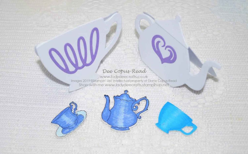 Fun Cup and Teapot shaped cards using Cups & Kettles Framelits Dies, Tea Together stamp set and Tea Time framelits from Stampin' Up! Shrinkles cups and Tea/Coffee pot - Designed and created by Dee Copus-Read of Lady Dee Crafts
