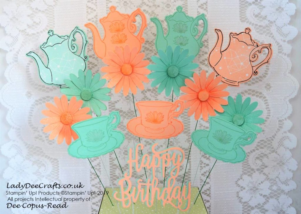 Fun Table Centrepiece for InspireINK Blog Hop #14 using Tea Together stamp set, Tea Time framelits dies and Daisy Punch from Stampin' Up! – by Dee Copus-Read, Lady Dee Crafts